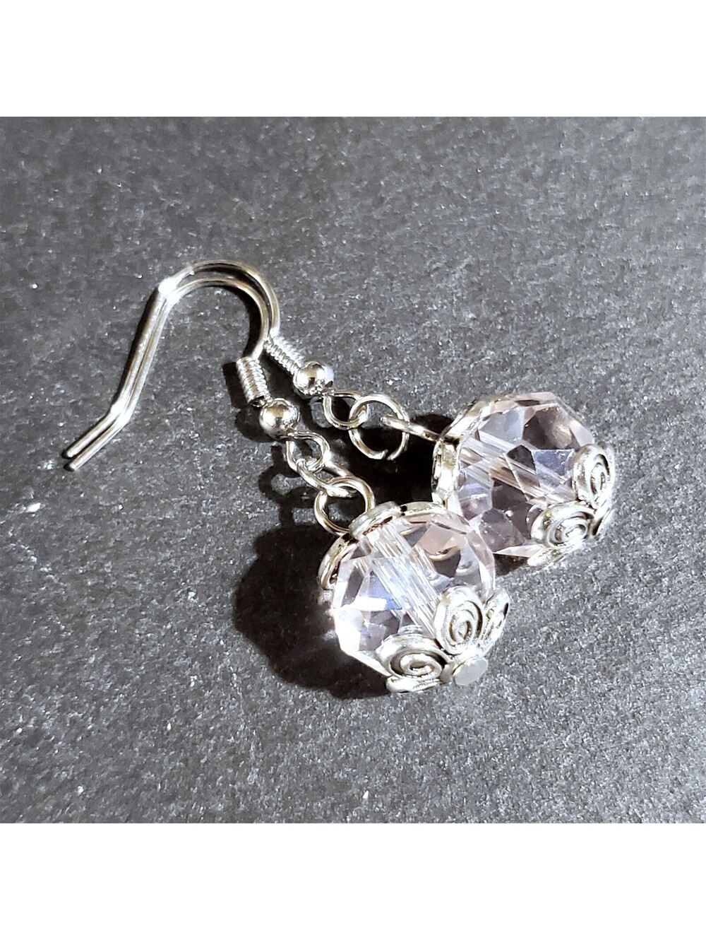 Vintage Light Pink Crystal Beads Antique Silver Carved Accents Earrings - Picture 9 of 10